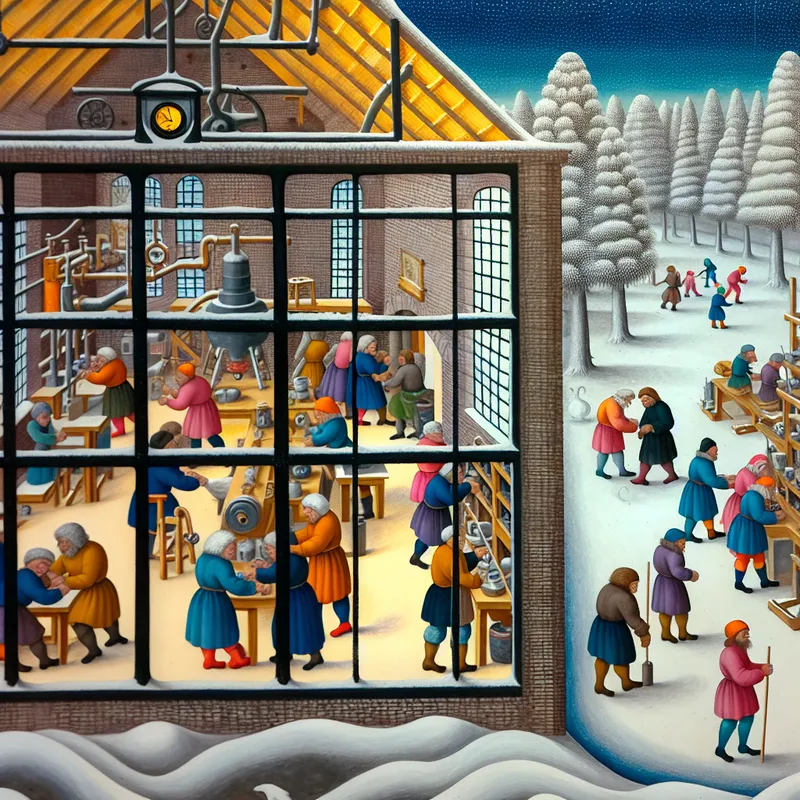 Een levendige winterscene in een fabriek waarin kleine, gedetailleerde figuren actief productieprocessen controleren, terwijl sneeuw buiten valt.