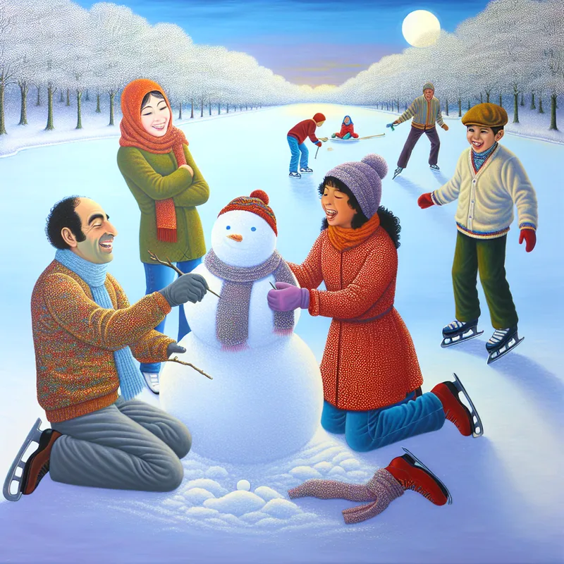 Een diverse familie van vier bouwt samen een sneeuwpop in de sneeuw