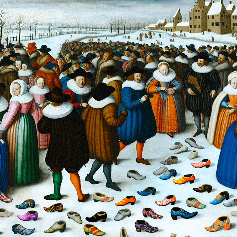 Een druk winterse scène met feestelijke mensen in kleurrijke schoenen, in de stijl van Hendrick Avercamp.