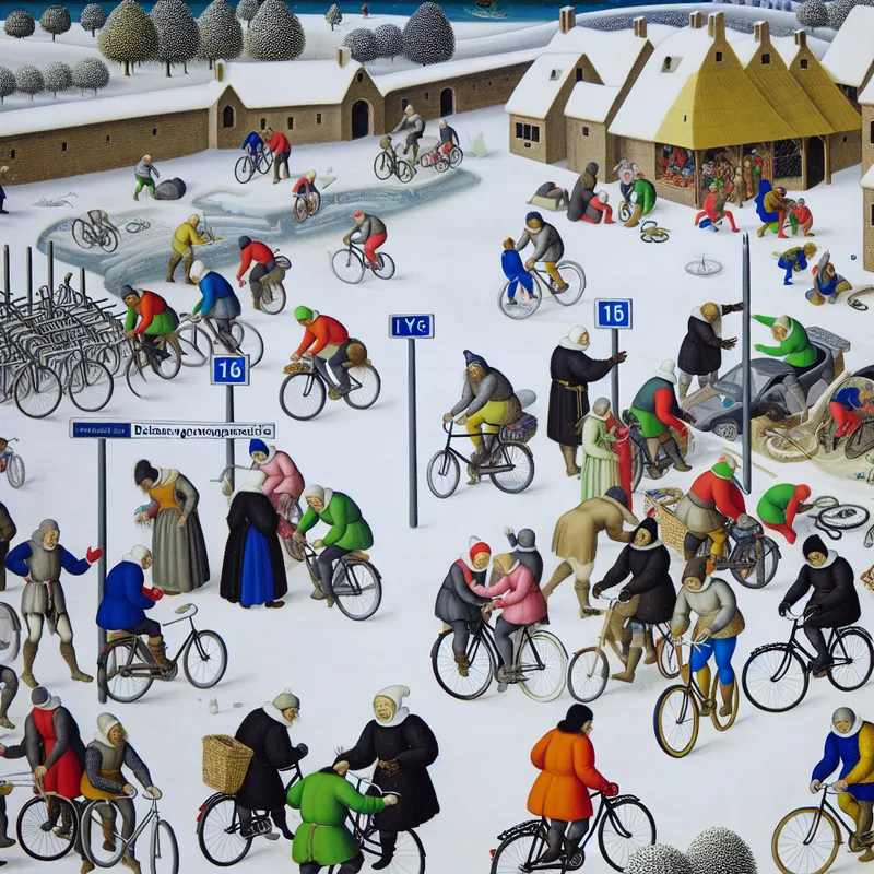 Winterse scène van fietsers bij nieuwe fietsenstallingen, met sneeuw en levendige interacties