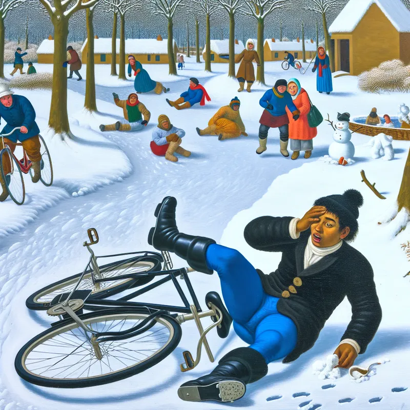 Jongere fietser die gevallen is op een besneeuwd pad, omringd door andere mensen die winteractiviteiten doen.