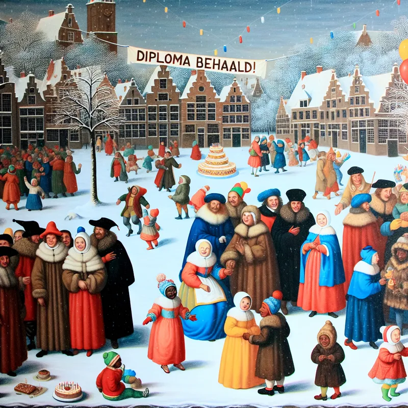 Een levendige winterse scène met een diverse groep mensen die in het stadsplein een diploma viering houden met ballonnen en een spandoek 'Diploma Behaald!'