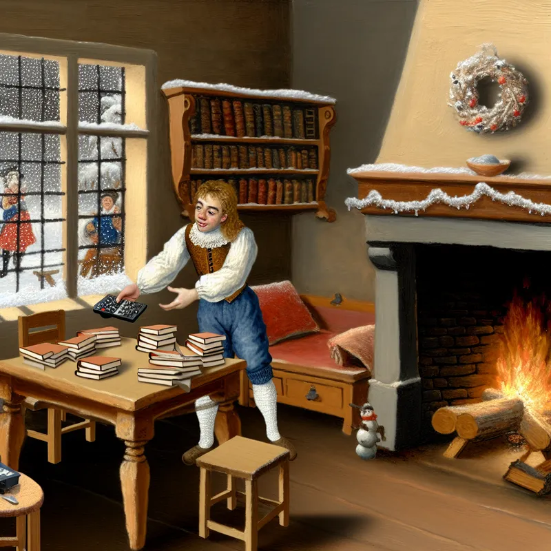 Jonge man pakt een afstandsbediening van een houten tafel in een gezellige kamer met een haardvuur en winterdecoraties.