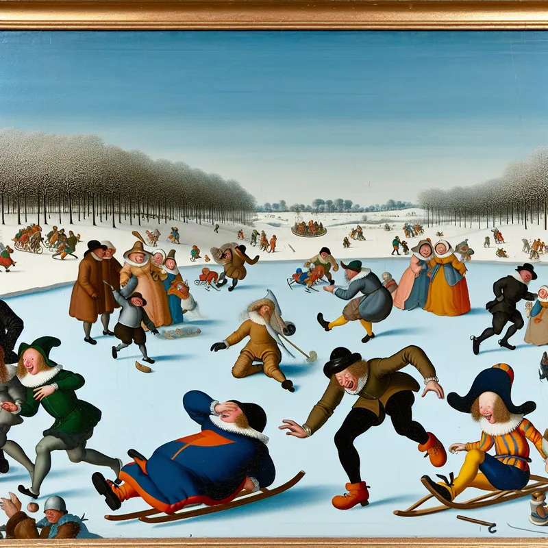 Een levendig winterlandschap met mensen die verschillende grappige acties uitvoeren, zoals uitglijden op ijs en kinderen vermaken. Het toont de vreugde en humor van een gemeenschapsactiviteit in de sneeuw.