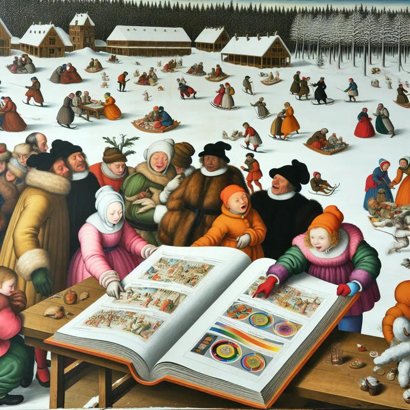 Een groep kinderen en volwassenen rond een groot open boek op een houten tafel in een winterlandschap, met kleurrijke grafieken en afbeeldingen.