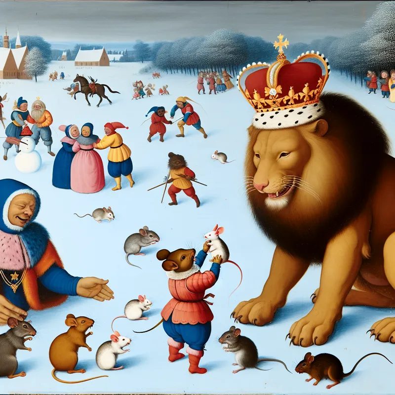 Een leeuw met een kroon speelt met een muis in een sneeuwlandschap, omringd door andere dieren zoals konijnen.