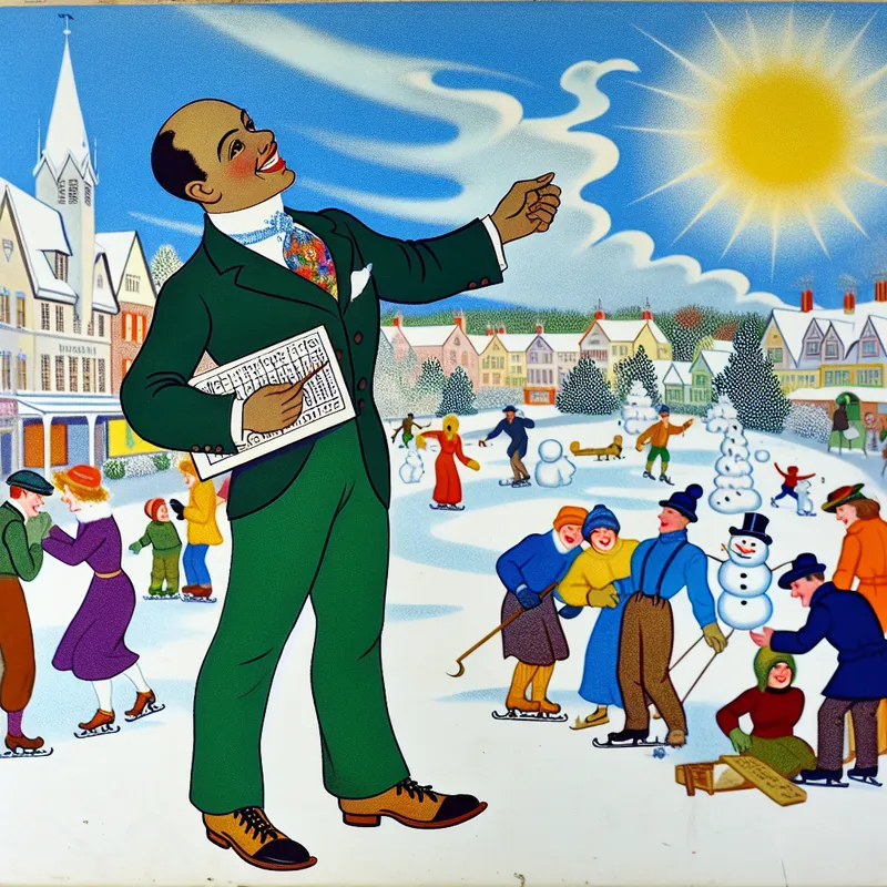 Een meteoroloog in een drukke winterscène met een weerkaart, terwijl hij naar de heldere lucht wijst, omringd door vrolijke dorpelingen.
