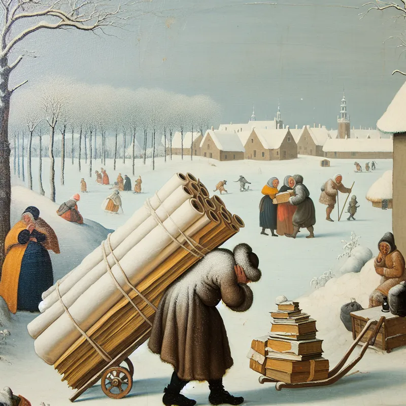 Wintertafereel in de stijl van Hendrick Avercamp met figuren die zware lasten dragen, symboliserend voor moeilijkheden en inspanningen tijdens alledaagse taken