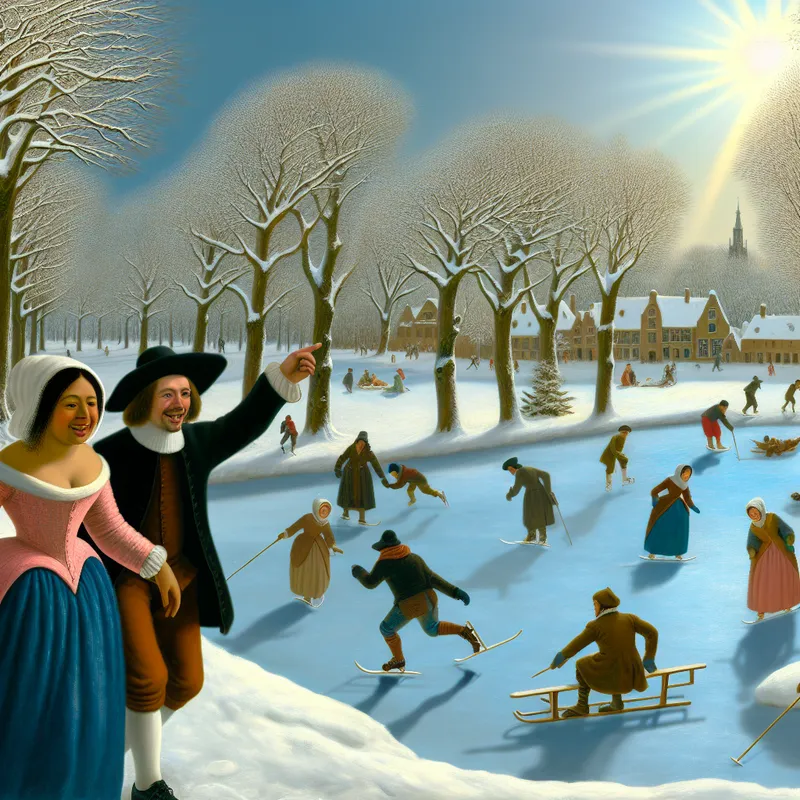 Een winterlandschap in een park met sneeuw, waar twee mensen op zoek zijn naar een rustige plek om te ontspannen.