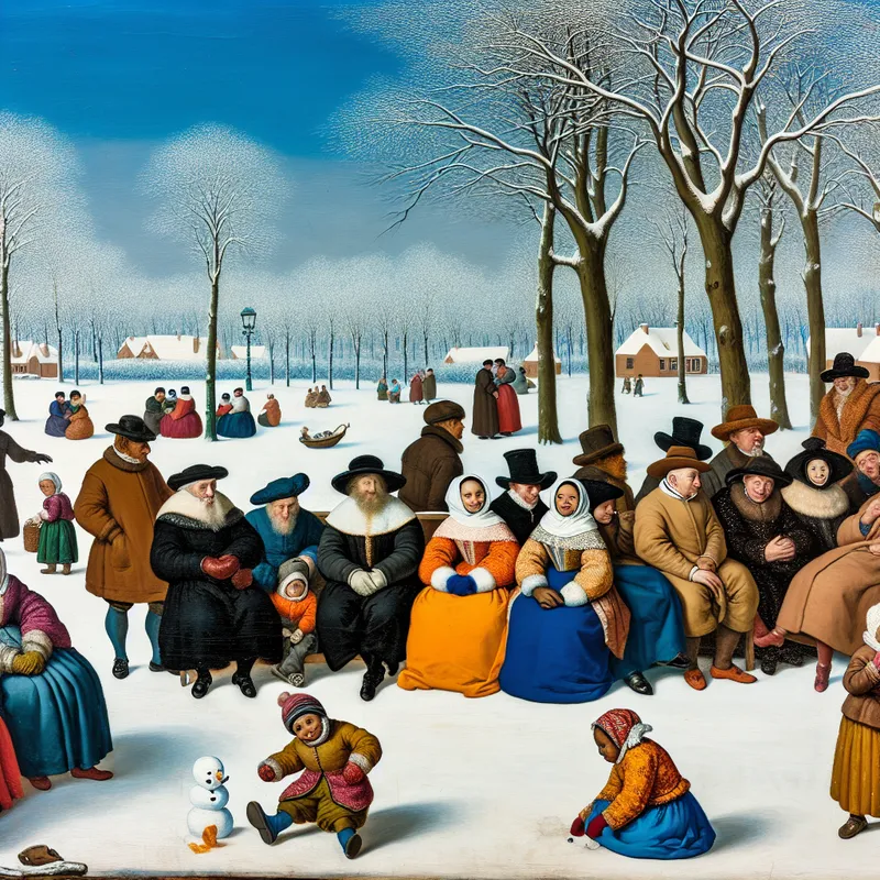 Een kleurrijke winterse park scène met mensen in warme kleren die op banken zitten terwijl ze wachten, met een kind dat een sneeuwman bouwt.