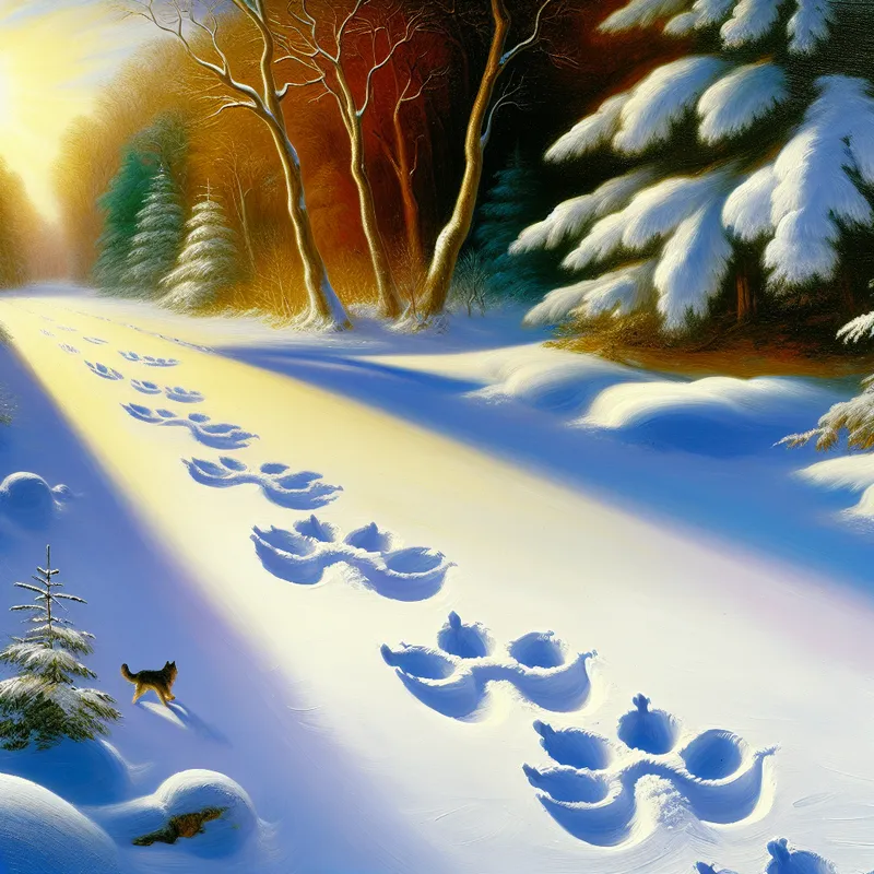 Vers vers gesneeuwde pootafdrukken van een hond in een serene bosomgeving in de winter