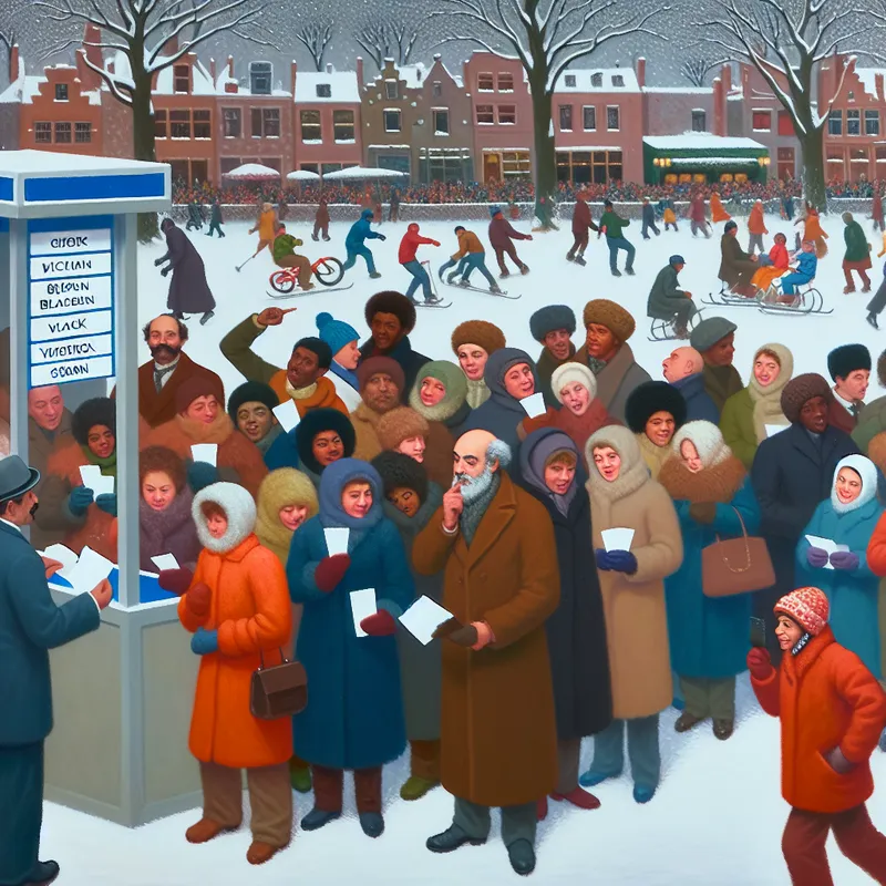 Winterse scène met mensen die vragen beantwoorden bij een quizstand in de stijl van Hendrick Avercamp