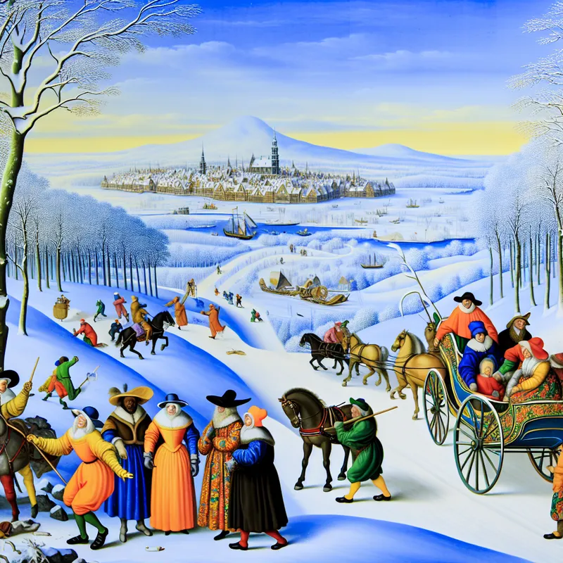 Groep reizigers in kleurrijke historische kleding bereidt zich voor op een langeafstands tocht per huifkar in een besneeuwd winterlandschap.