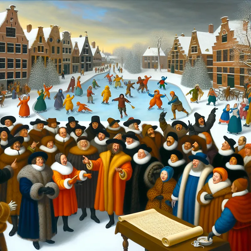 Een bruisende winterse scène in een historische stad met een diverse groep officials die discussiëren over een belangrijk projectvoorstel, omringd door spelende kinderen en schaatsers.