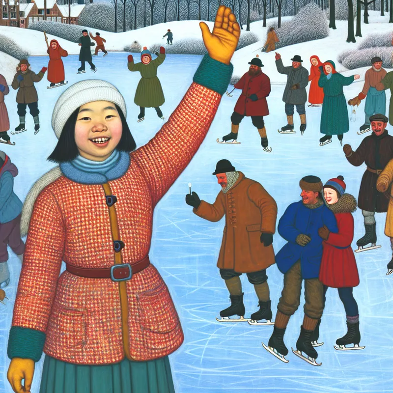 Een kind dat zijn arm opsteekt in een winterse scène, omringd door mensen die schaatsen en spelen op een bevroren meer.