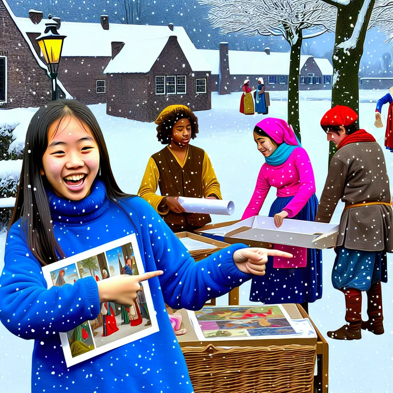 Een meisje dat blij een schoolopdracht vasthoudt terwijl ze met vrienden speelt in een sneeuwachtige winteromgeving.