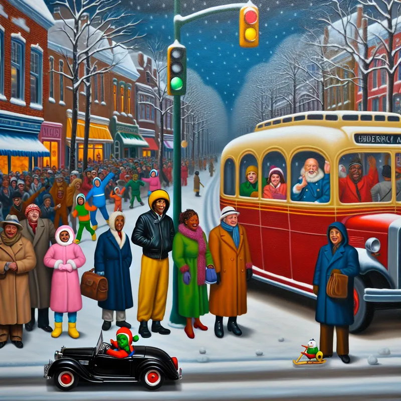 Een winterse straat met mensen die wachten bij een bushalte terwijl een oude bus stopt voor een rood verkeerslicht