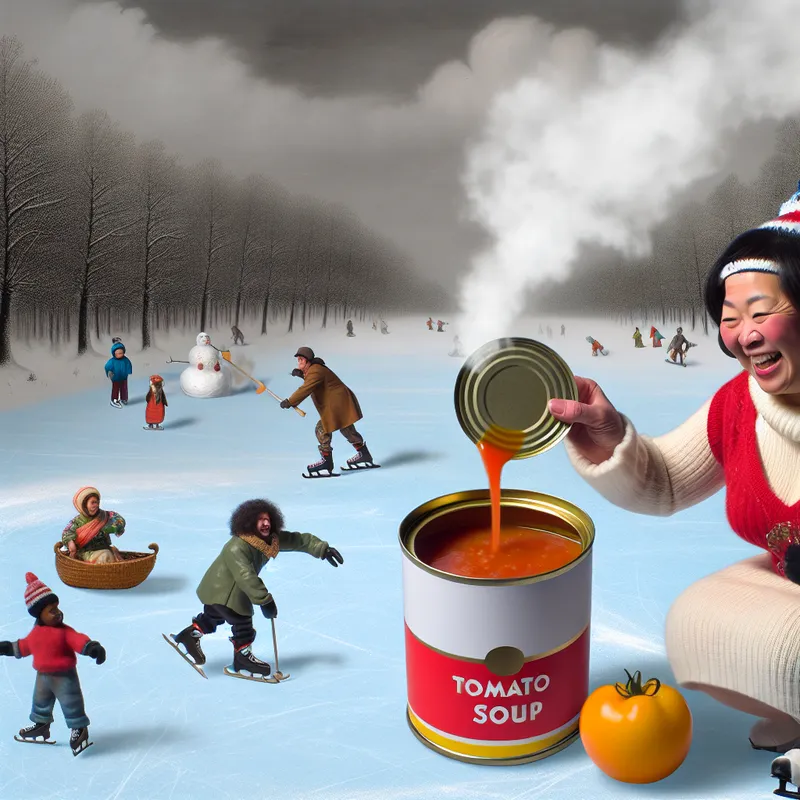 Groep mensen in een winterse sneeuwlandschap, met één persoon die een blik tomatensoep opent en stoom er vanaf komt.