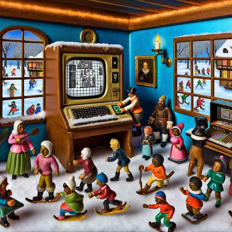 Een levendige winterscène met een groep kleine figuren rond een vintage computer, terwijl sneeuw buiten valt.