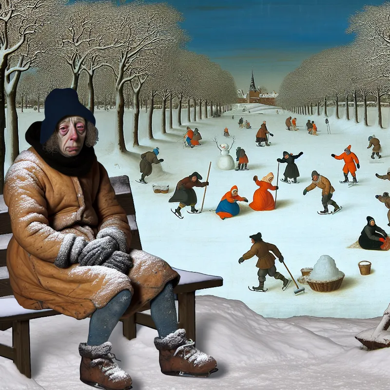 Een vrouw zit alleen op een met sneeuw bedekte parkbank in een winterlandschap, lijkt treurig en onverzorgd terwijl andere mensen plezier hebben.