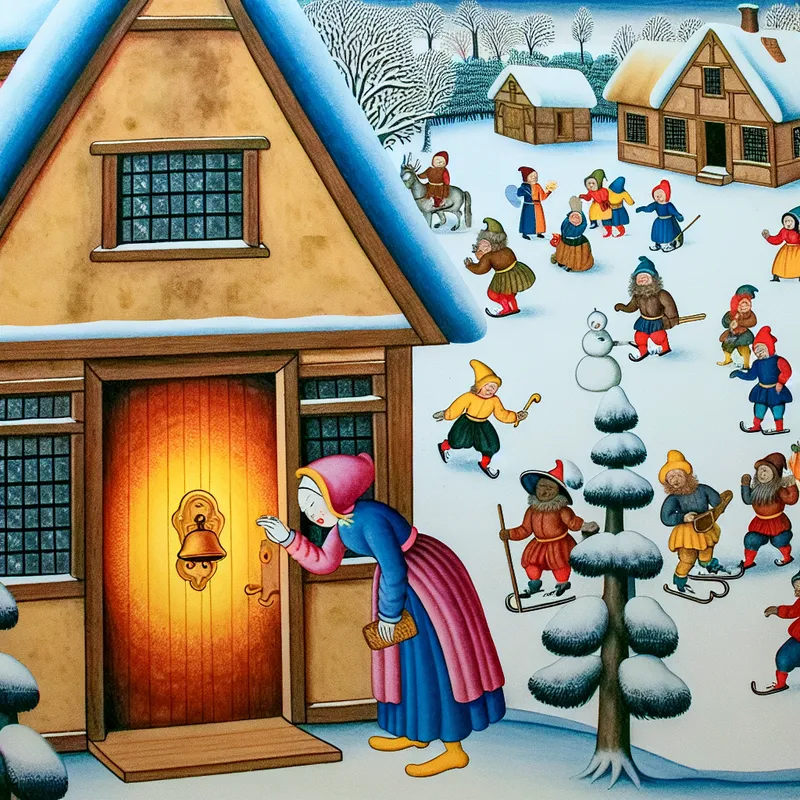 Vrouw die op de deur klop met vrolijke winterse scène op achtergrond.