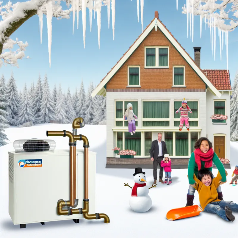 Winterse scène met een huis voorzien van een warmtepomp en een gezin dat buiten speelt in de sneeuw, waaronder sleeën en een sneeuwman.