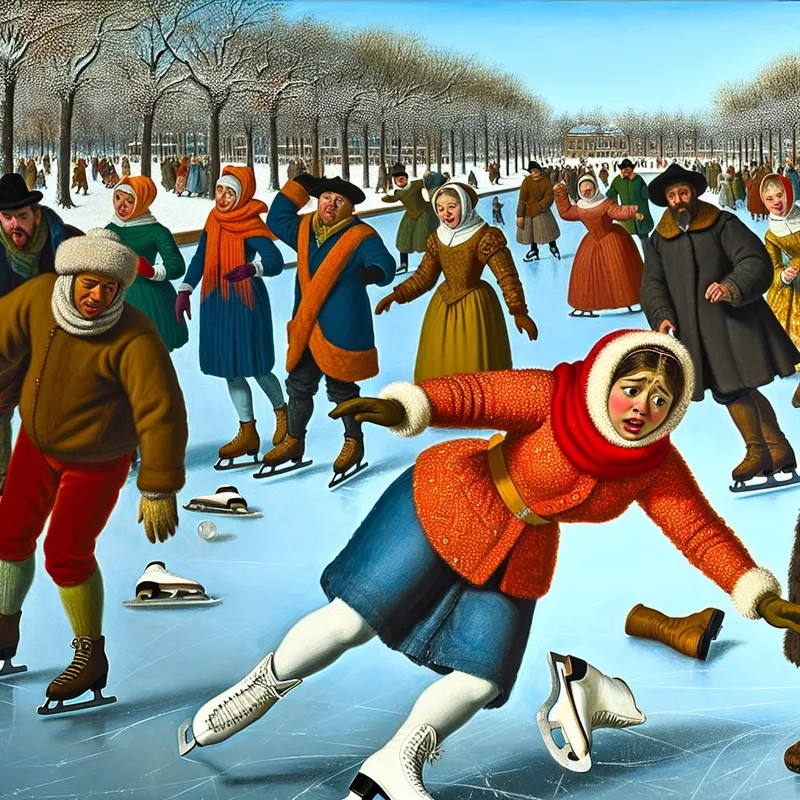 Een jonge vrouw in een helderrode sjaal valt tijdens het schaatsen op een buitenijsbaan, omringd door andere schaatsers die in verbazing of lachen reageren.