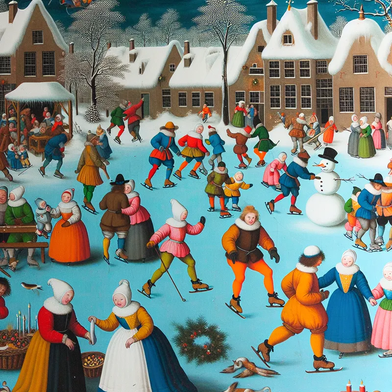 Een winterse scène met mensen die gezellig schaatsen, versiering ophangen en een sneeuwman bouwen in een dorp onder sneeuw bedekte daken.