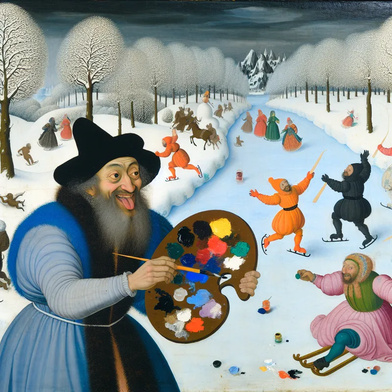 Kunstenares mengt verf op een palet met een levendig sneeuwlandschap op de achtergrond