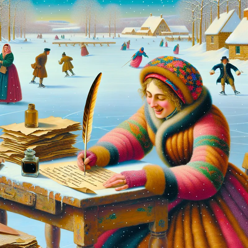 Een jonge vrouw schrijft een brief met een ganzenveer aan een houten tafel in een sneeuwachtige wintersetting, met mensen die ijs skaten op de achtergrond.
