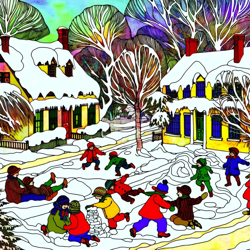 Een kleurrijk cartoonachtige winterscene met kinderen die een sneeuwpop bouwen en sneeuwballen gooien, omgeven door een dikke laag sneeuw.