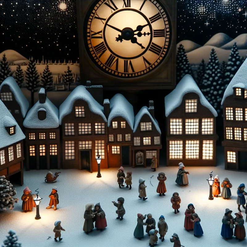Drukbezochte winterse stadstuin bij nacht met klokkentoren die ongeveer middernacht aangeeft, in de stijl van Hendrick Avercamp