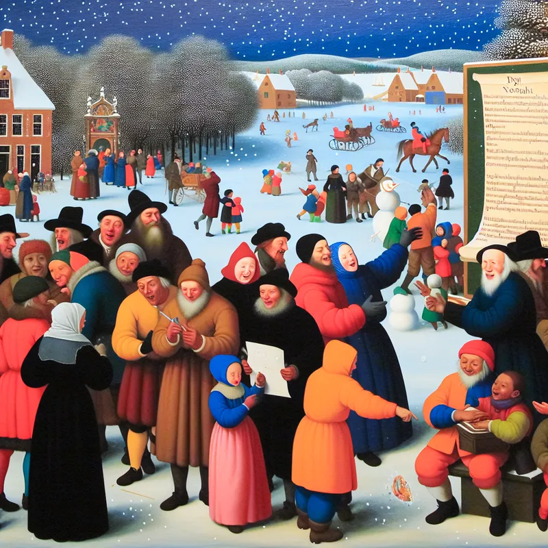 Groep mensen in warme kleding bespreekt enthousiasme planning evenement met grote poster in sereen winterlandschap met vallende sneeuw