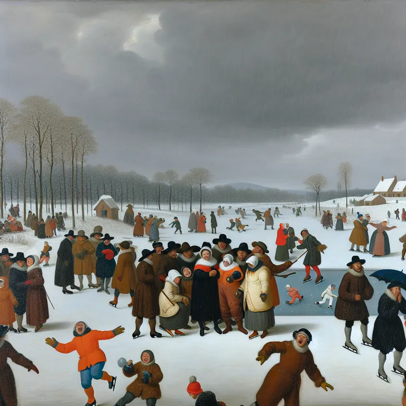 Een winterse scène met mensen die teleurgesteld in de sneeuw staan terwijl het begint te regenen, met een grijze lucht op de achtergrond.