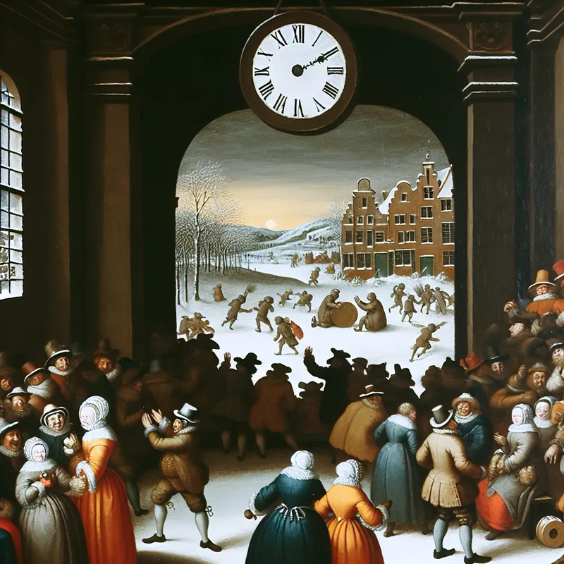 Een levendige winterse scène met een theaterperformance die om tien uur eindigt, met juichende mensen in een sneeuwlandschap.