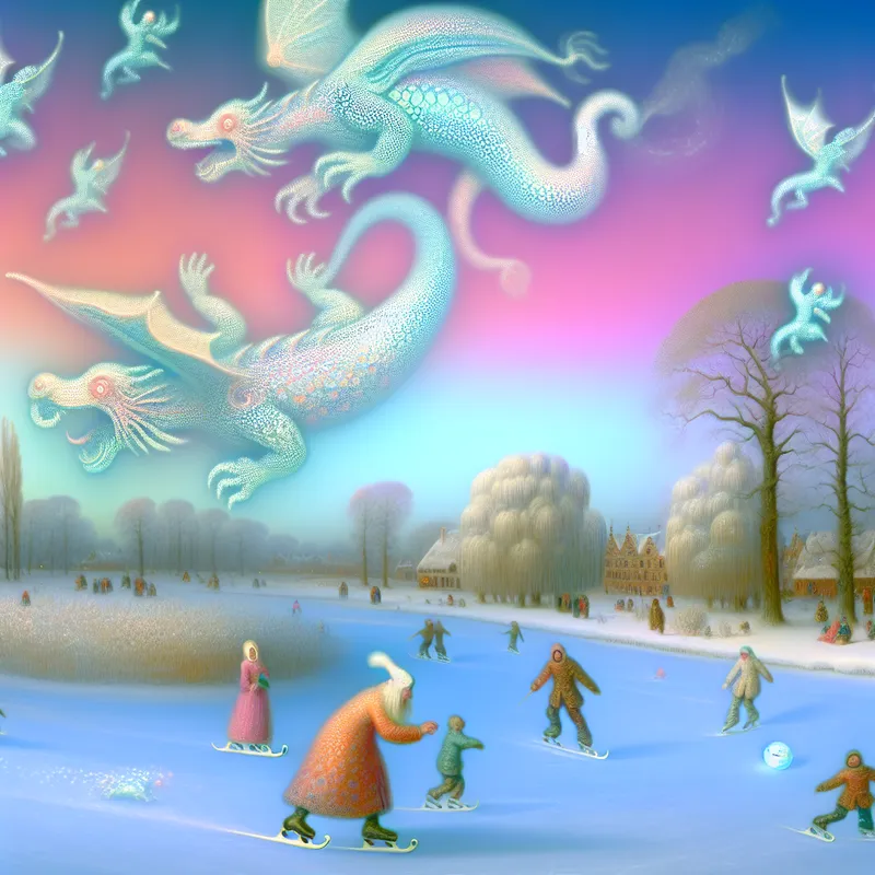 Dromerig wintertafereel met schaatsers, zwevende fantasiewezens en vliegende draken in een sprookjesachtige wereld, geïnspireerd op de stijl van Hendrick Avercamp