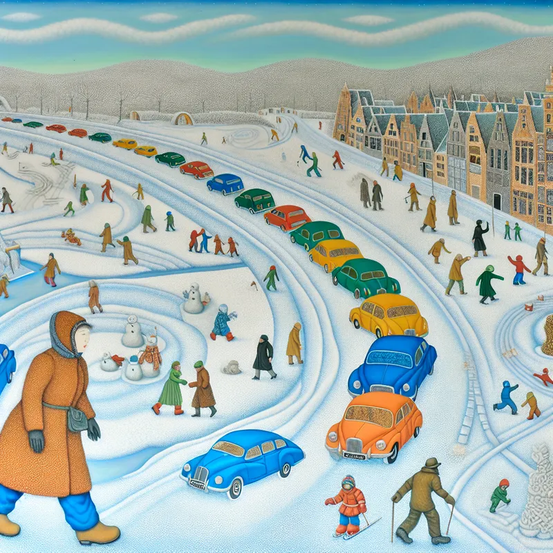 Een voetganger wijkt op een besneeuwde weg voor passerende auto's in een winterlandschap.