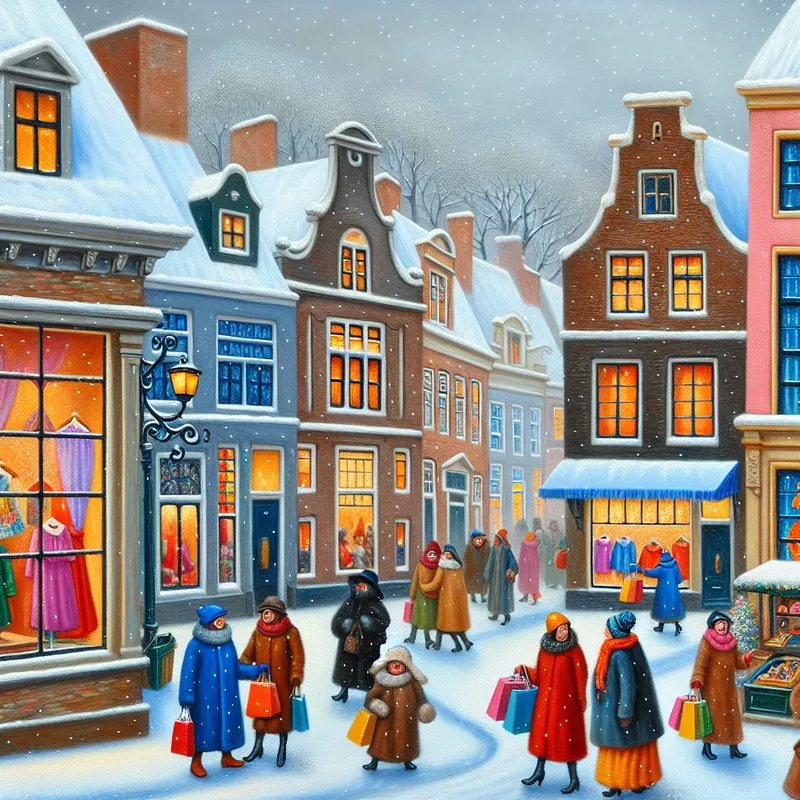 Drukke winterse stadsstraat met mensen die winkelen en vrolijke gesprekken voeren, terwijl sneeuwvlokken vallen.