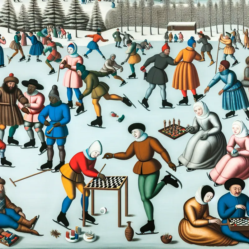 Vibrante wintersportscene met diverse mensen die outdooractiviteiten uitvoeren op een bevroren meer, zoals schaatsen en spelletjes spelen.