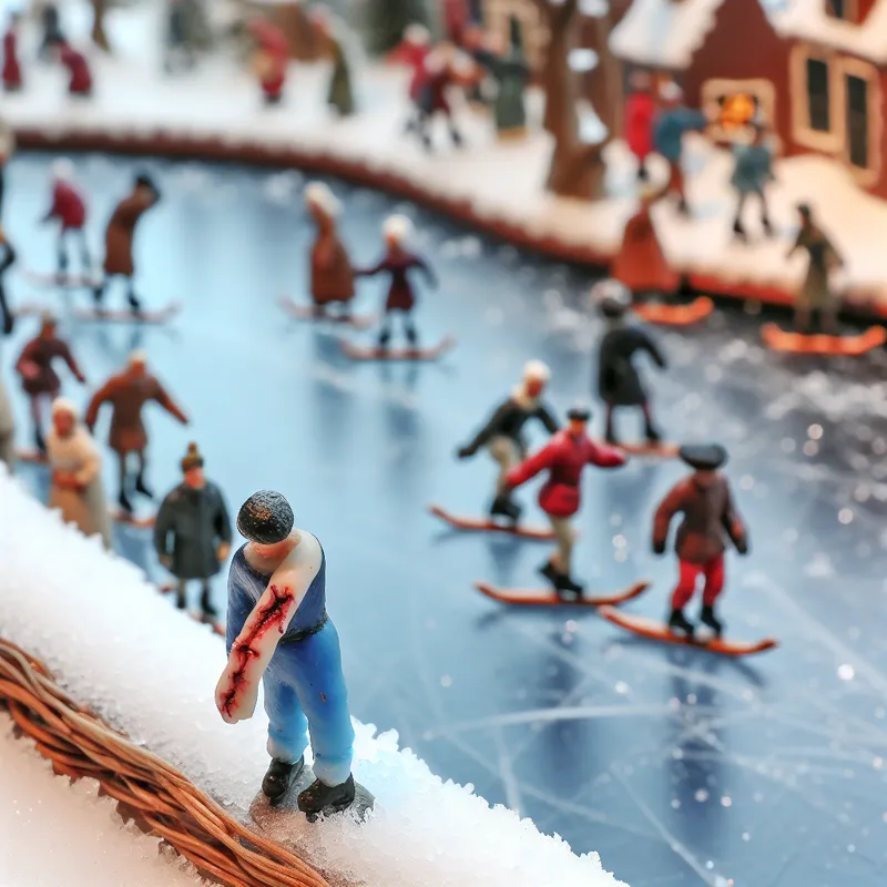 Wintertafereel met schaatsers op een bevroren kanaal, waarbij een persoon met littekens op de arm stilzwijgend getuigt van een vroeger ongeluk als bewijs