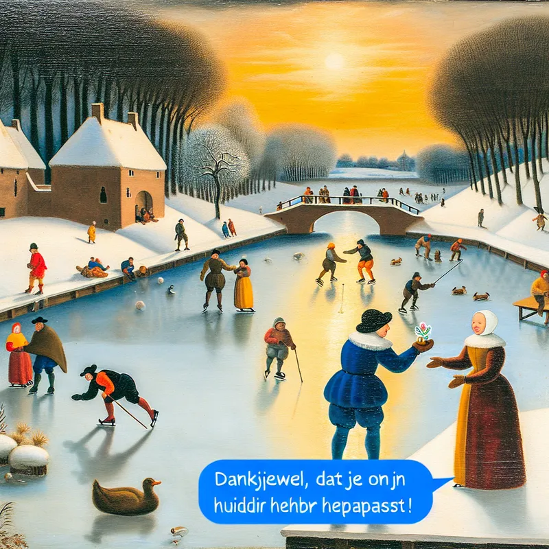 Een schilderachtig winters tafereel in de stijl van Hendrick Avercamp met mensen op een bevroren kanaal.