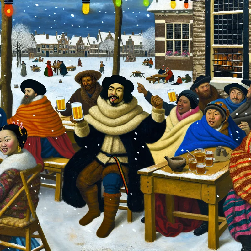 Een man die blij een glas bier verheft op een winterterras met vrienden.