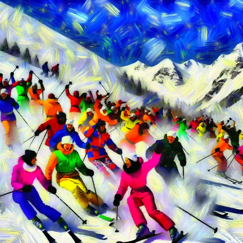 Groep vrolijke skiërs daalt af van besneeuwde bergen onder een helderblauwe lucht, wintervakantie in levendige stijl van Frans Hals