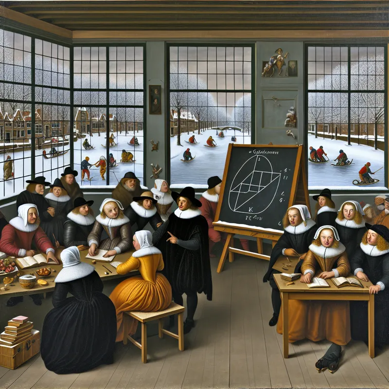 17e-eeuwse Nederlandse klaslokaal aan een bevroren kanaal waar een leraar de stelling van Pythagoras uitlegt aan geïnteresseerde studenten in historische kleding