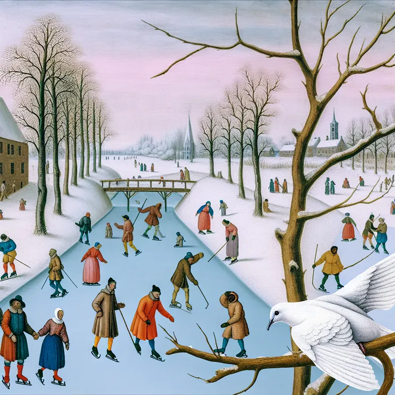 Witte duif op kale tak in levendige winterse ijsbaan-scène, symbool van vrede en harmonie in schilderstijl van Hendrick Avercamp