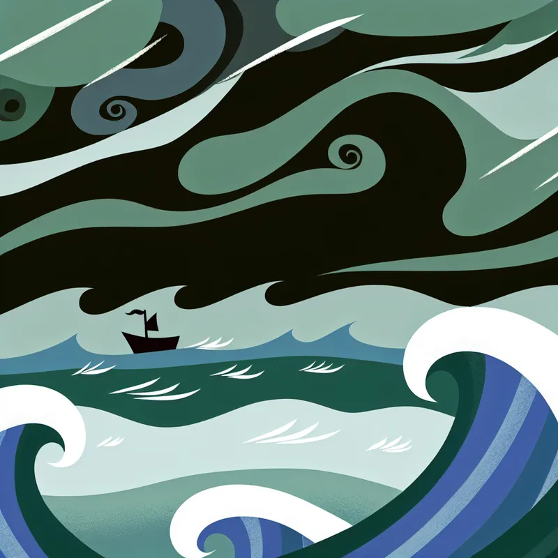 Minimalistische illustratie van een woeste zee tijdens een storm met hoge golven en een klein bootje