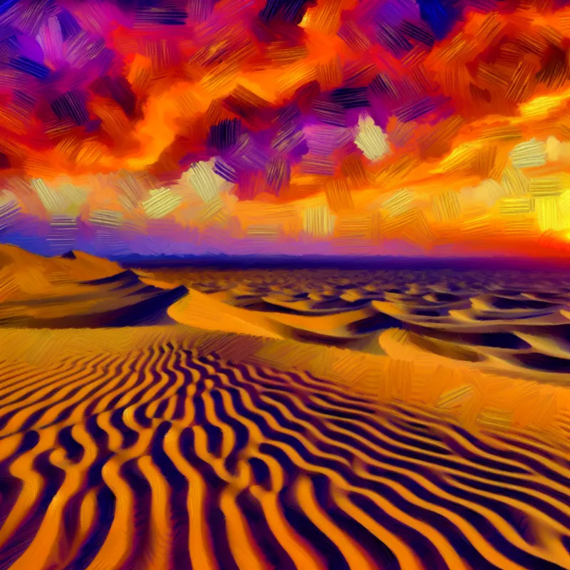 Uitgestrekt woestijnlandschap tijdens een dramatische zonsondergang met golvende zandduinen