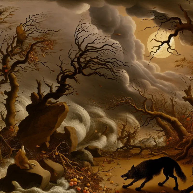 Wolf huilt tijdens stormachtige nacht met volle maan en woeste wind, illustratie van het geluid 'huilen' in de natuur