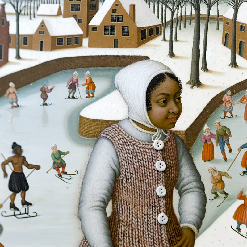 Kind in zacht pastelkleurig wollen vestje met knopen bij bevroren gracht in levendige 17e-eeuwse wintertafereel