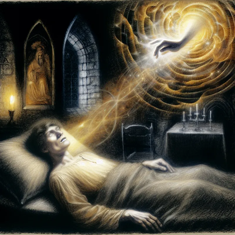 Goddelijke genezing afgebeeld als wonderbaarlijk spiritueel geschenk in gotische stijl, met een zieke persoon die door een hemelse hand wordt genezen